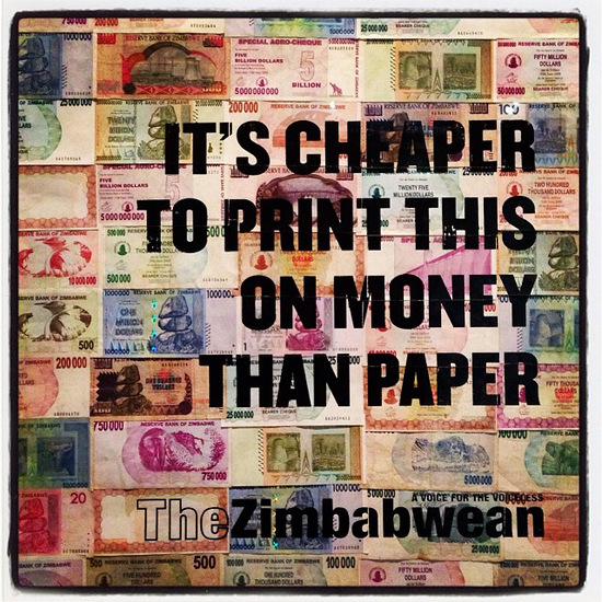 Poster made from Zimbabwe money (photo by Tui Snider)