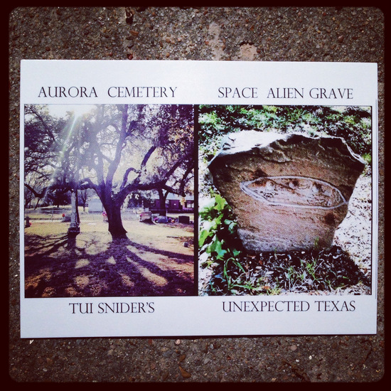 This Aurora Cemetery postcard shows the alien headstone that has since been stolen! (photo by Tui Snider)