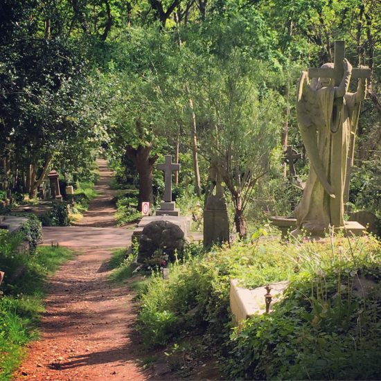 London's Highgate Cemetery is full of statues of saints. (photo by Tui Snider
